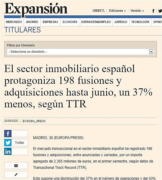 El sector inmobiliario espaol protagoniza 198 fusiones y adquisiciones hasta junio, un 37% menos, segn TTR